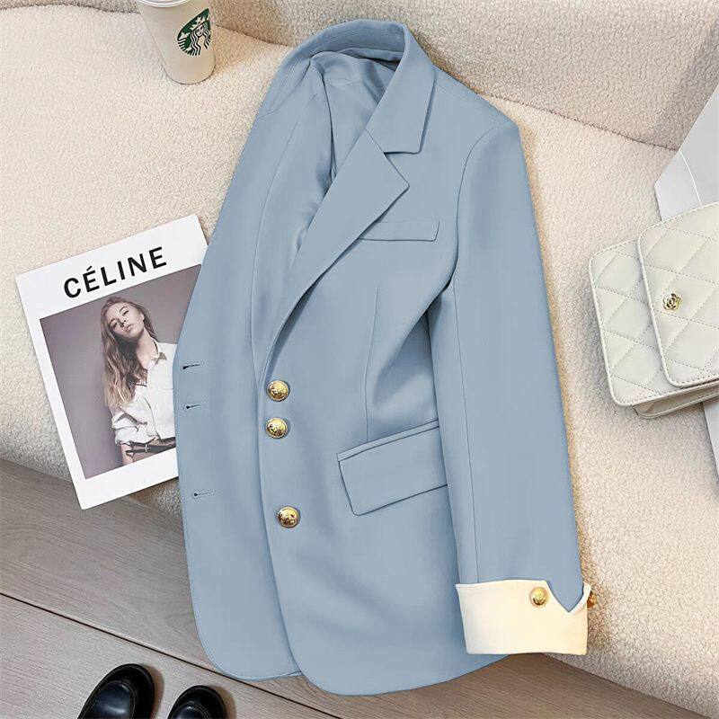 Áo blazer vest nữ thiết kế cao cấp dáng suông, tay dài, cổ vest, phối màu, phong cách Hàn Quốc — Khoai môn tím, gừng vàng, màu xanh ngọc lục bảo, màu xanh nhạt chi tiết 5