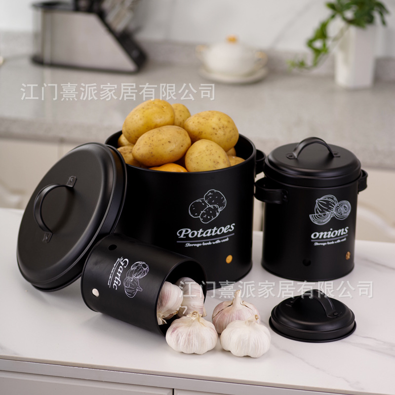 Barril de almacenamiento de patatas transfronterizas con orificio de ventilación, tanque de almacenamiento de cebolla y ajo, tanque de almacenamiento multifuncional de hierro