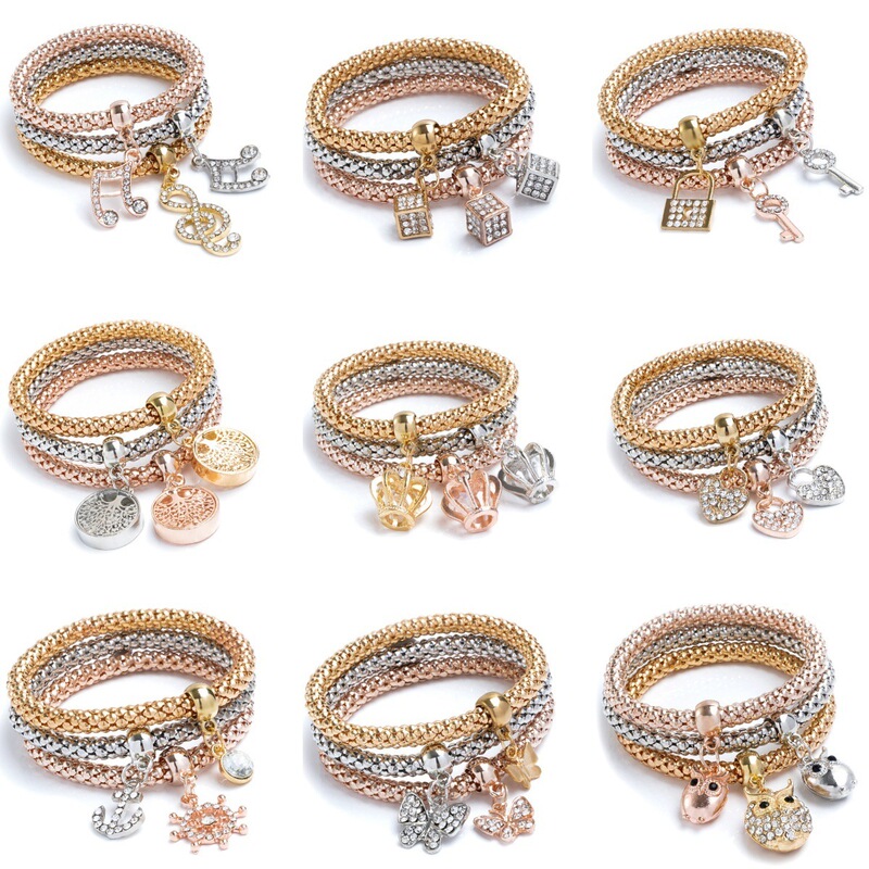 Europe and the United States cross-border hot selling alloy three-color suit elastic popcorn corn chain diamond love pendant bracelet women