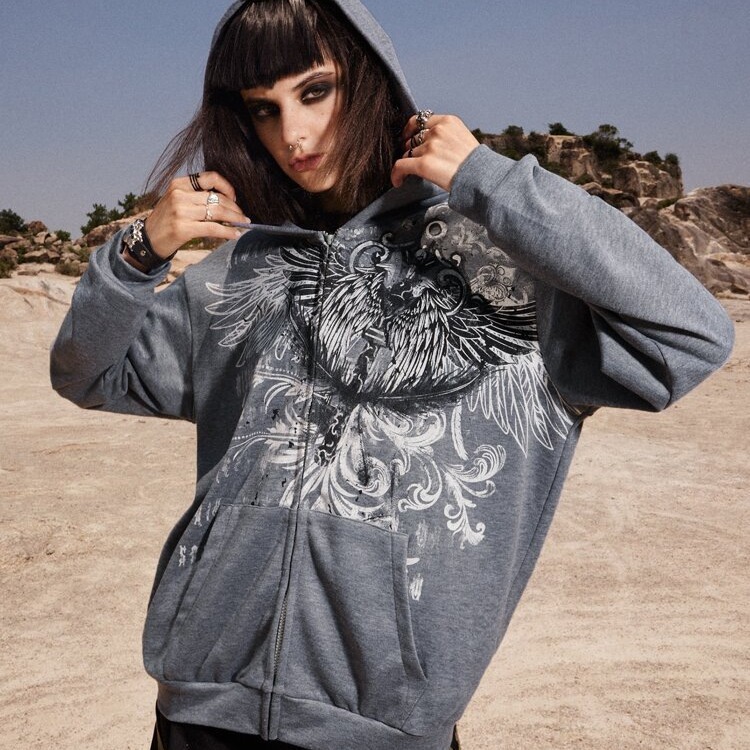 Felpa con cappuccio con cerniera, stampata con motivo animalier, comoda, casual e ampia, in stile americano_voghion.com