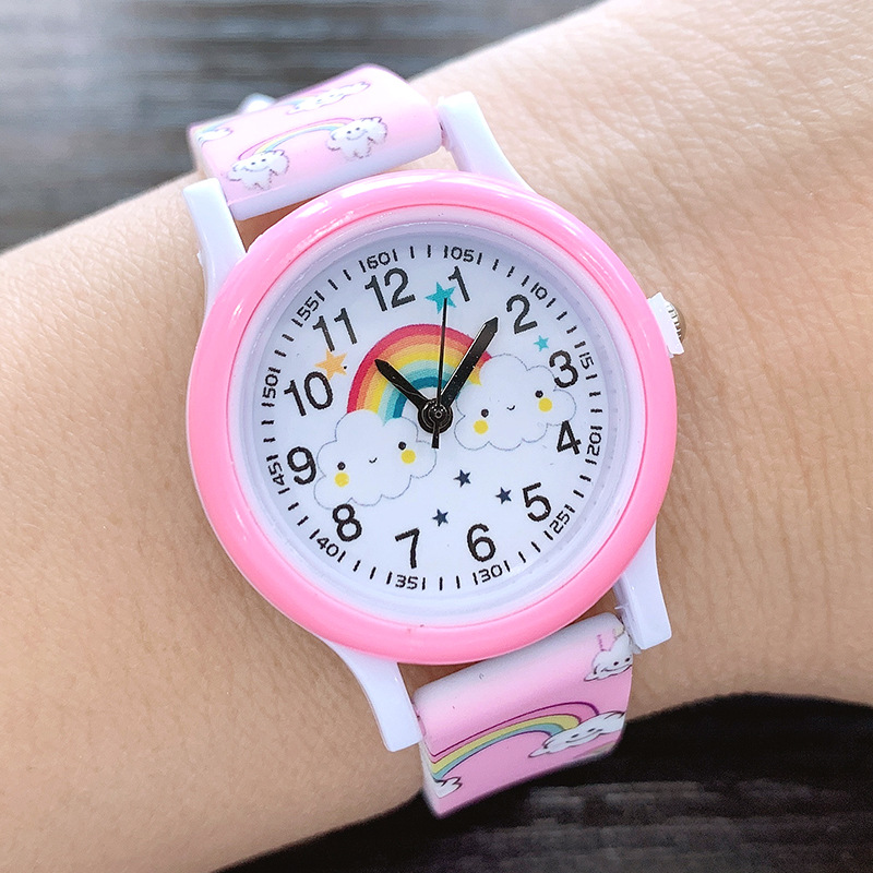 Round Dial Shape Cartoon Style Rainbow Buckle Quartz Kids Watches