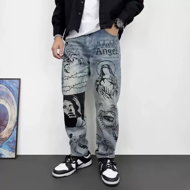 Trendy High-End Retro Blue Slightly Saggy Jeans for Men American High Street Graffiti Print Loose Small Straight Long Pants