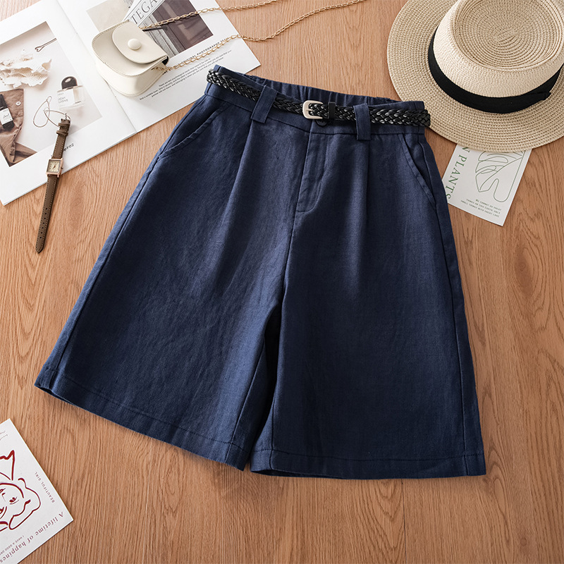 Navy blue wide-leg linen shorts for women, summer thin breathable 2026 new style, straight-leg pants for outdoor wear, Tencel knee-length shorts Navy blue wide-leg linen shorts for women, summer thin breathable 2026 new style, straight-leg pants for outdoor wear, Tencel knee-length shorts
