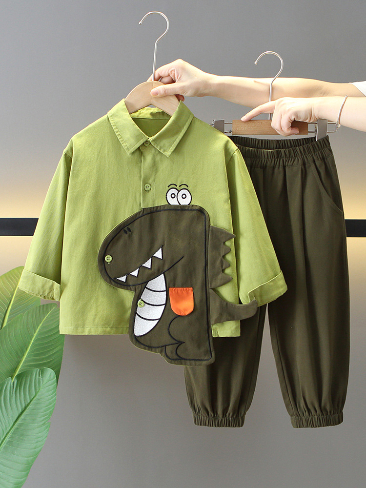 5911 Traje de otoño para niños 2025 Nueva camisa de dinosaurio de moda Ropa de manga larga de primavera y otoño para niños de dos piezas