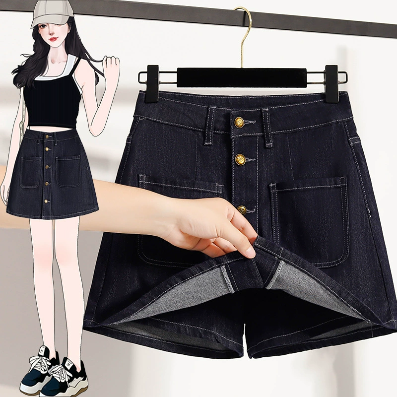 Настоящая джинсовая юбка больших размеров, летняя эластичная юбка трапециевидной формы, передняя юбка и шорты для женщин
