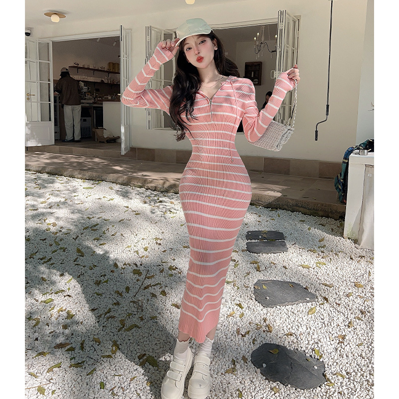 Foreign Trade Women's Clothing Real Shot Korean Style Pure Desire Hot Girl Style Dress for Women Autumn Winter 2025 New Hooded Striped Design Slim Fit Foreign Trade Women's Clothing Real Shot Korean Style Pure Desire Hot Girl Style Dress for Women Autumn Winter 2025 New Hooded Striped Design Slim Fit