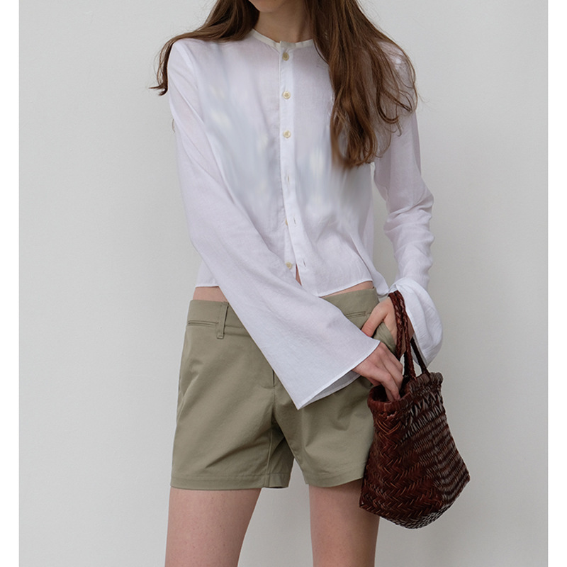 Spot Kok Heavy Industry Rice Grain Plant Embroidery Rain Dew Linen Blended Slightly Flared Short Shirt