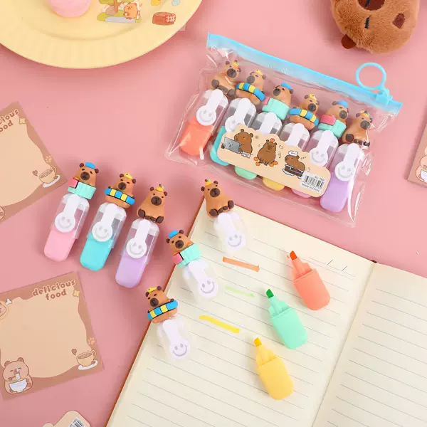 6 Capibara Sanrio Labubu Mini Highlighter Pens, Colorful Mario Marker Pens, Student Rewards