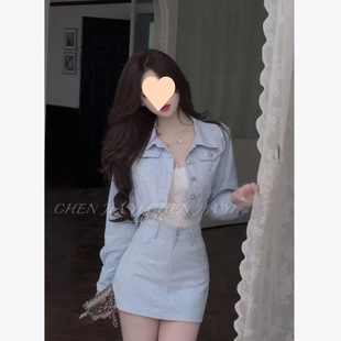 2025 Spring Women's Korean Style Design Temperament Denim Jacket + Short Skirt Set Heavy-Duty Hot Diamond Lapel Short Style