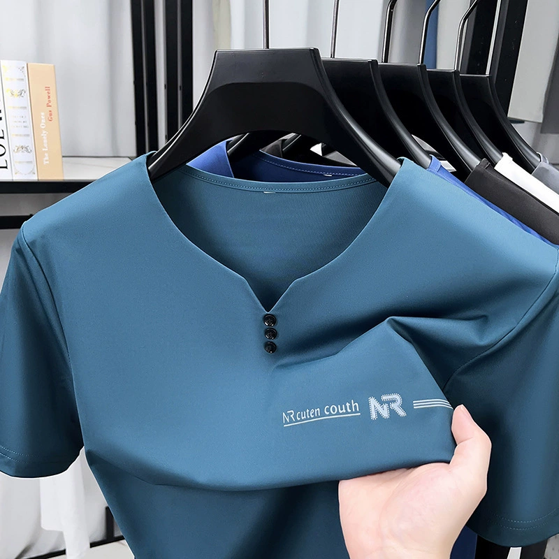 Мужская футболка из ледяного шелка с коротким рукавом, свободного кроя, летняя новинка 2025 года, в корейском стиле, повседневная модная, с круглым вырезом, полурукав.