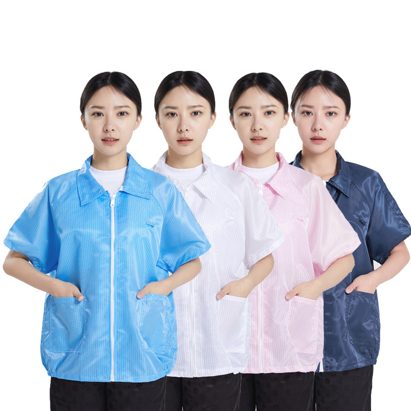 防静电短袖上衣无尘防尘服白色大褂夏季薄款男女食品厂蓝色工作服