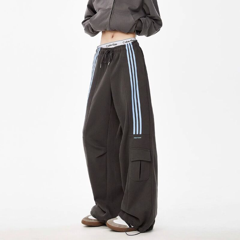 American Retro Spliced Three-Stripe High-Waisted Sports Casual Pants for Women, Spring and Autumn Loose Versatile Straight-Leg Cargo Pants