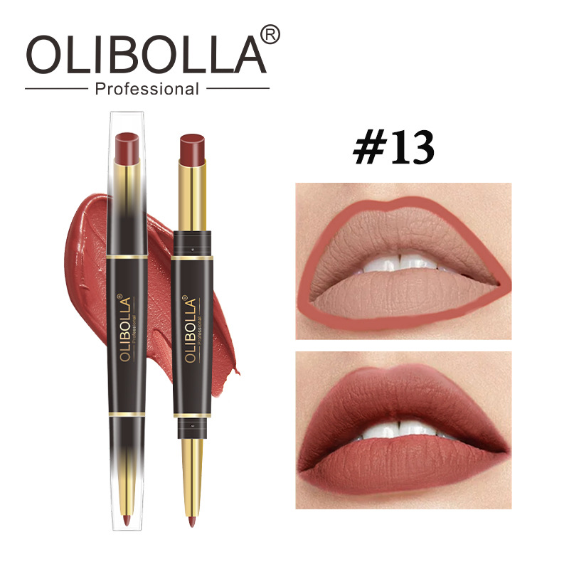 OLIBOLLA lápiz labial de doble cabeza delineador de labios 24 colores perlado color impermeable lápiz labial giratorio exclusivo transfronterizo