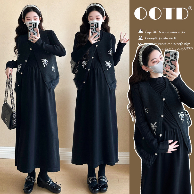 Maternity Autumn and Winter Dress 2025 New Thickeneded Small Fragrant Vest Knitted Bottoming Long Skirt High-End Two-Piece Set