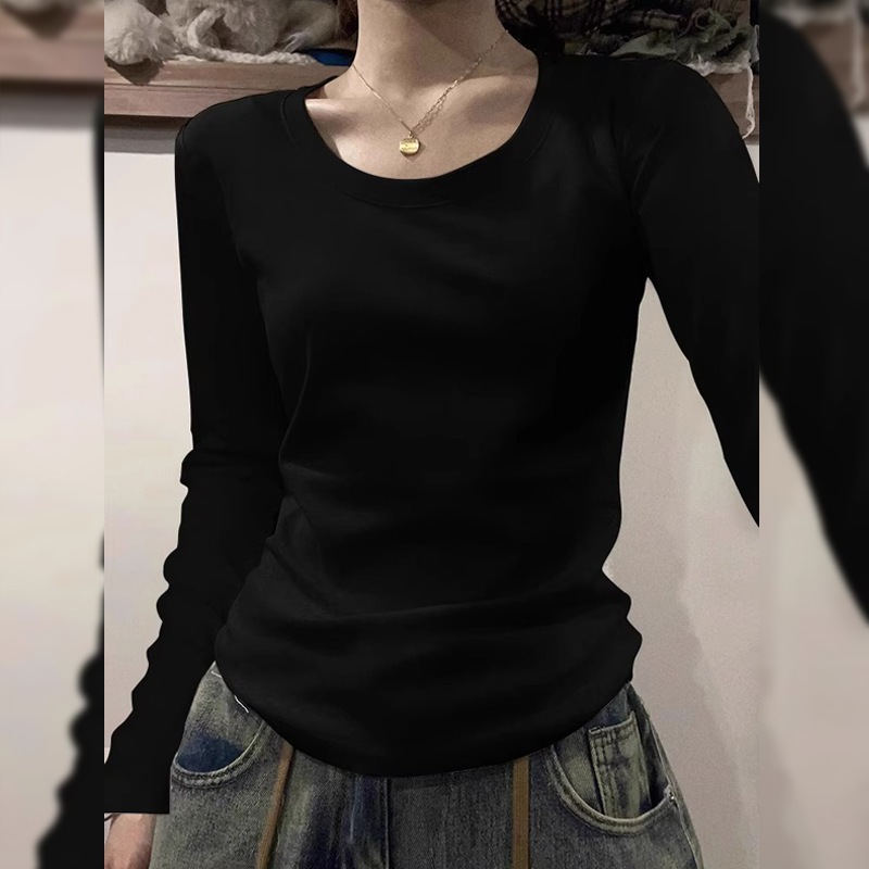 美式正肩长袖t恤女秋季女装2025新款U领内搭修身打底衫早秋上衣女|undefined