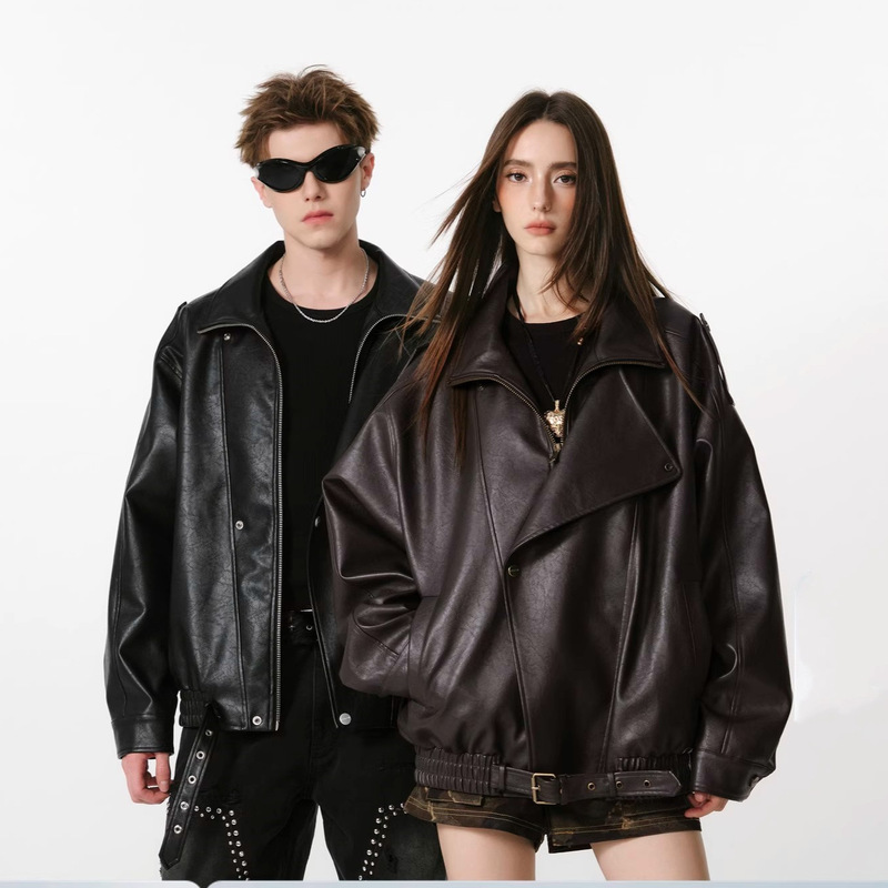 Factory Wholesale Retro Neutral Lapel Leather Jacket for Men and Women 2025 New Autum Pu Jacket Cool Motorcycle
