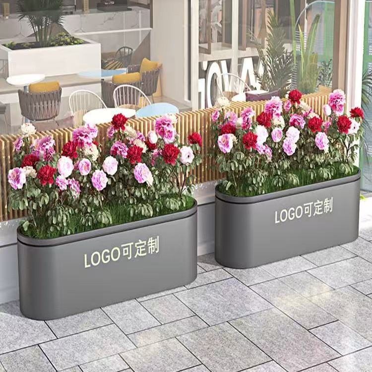 Barrera de hierro forjado al aire libre tanque de flores de acero inoxidable combinación caja de plantación rectangular departamento de ventas plaza carretera municipal