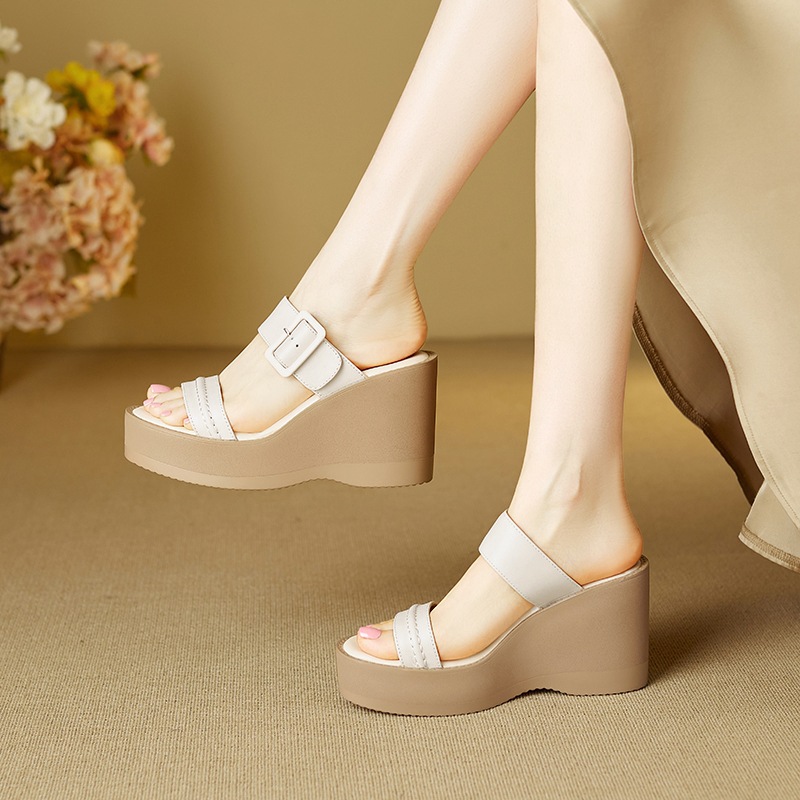 Sandal cao gót nữ hở mũi đế xuồng da bò quai một chữ thắt nút — màu trắng ngà