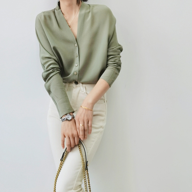 Commuting Ol New Style V-Neck Silk Wrinkle-Resistant 23mm Heavy Button-Down Shirt Women's Mulberry Silk Shirt