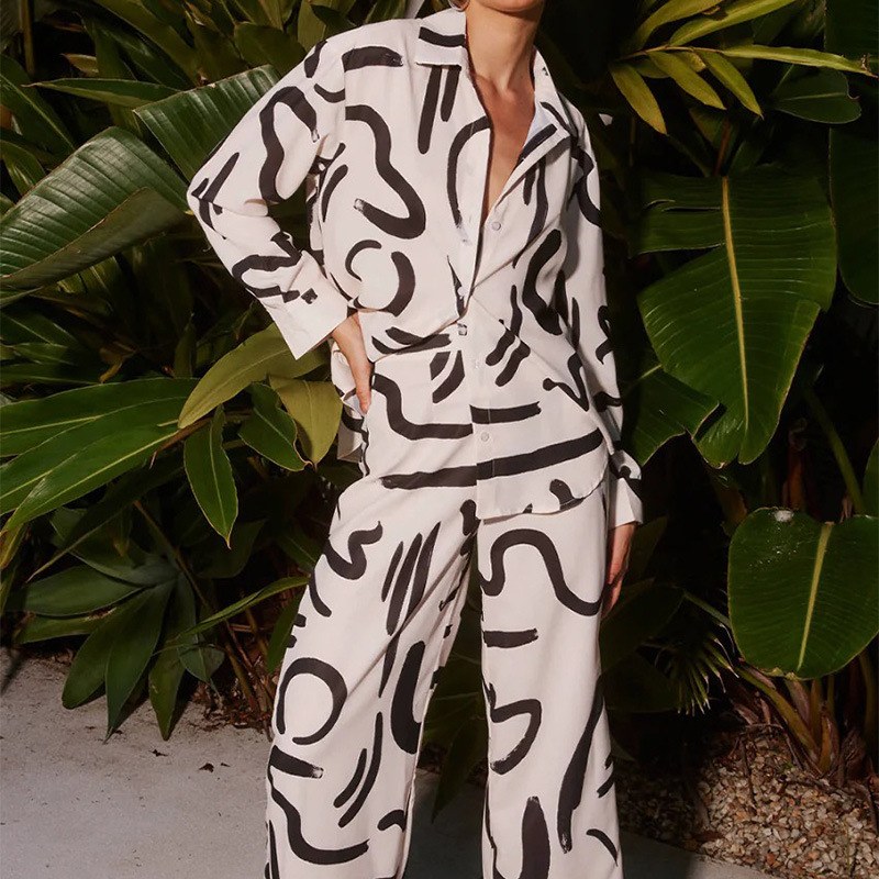 Daily Occasion Turndown Neckline Comfort Function Daily Women'S Casual Abstract Polyester Printing Pant Co-ord Set Pants Sets