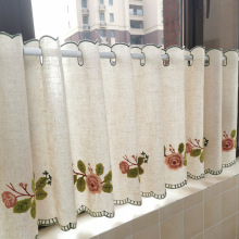 棉麻半帘厨房小窗帘飘窗短帘阳台半遮光厚纱遮丑帘免打孔绣花田园