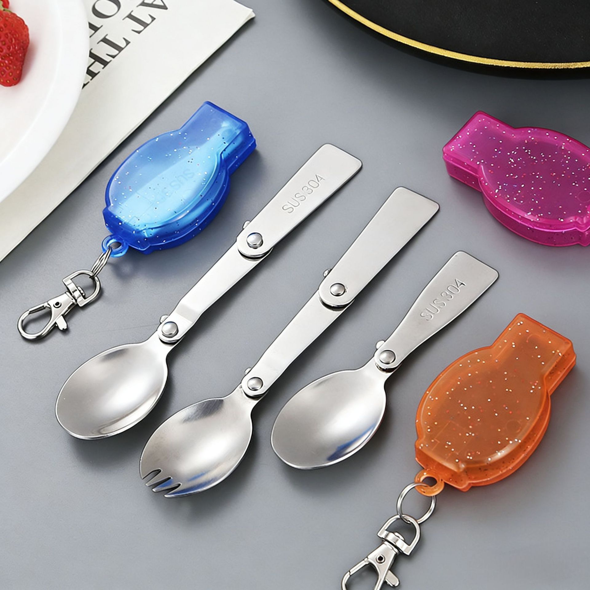 304 스테인레스 스틸 접이식 휴대용 식기 야외 피크닉 캠핑 여행 휴대용 회전 접이식 스푼 미니 스푼 포크