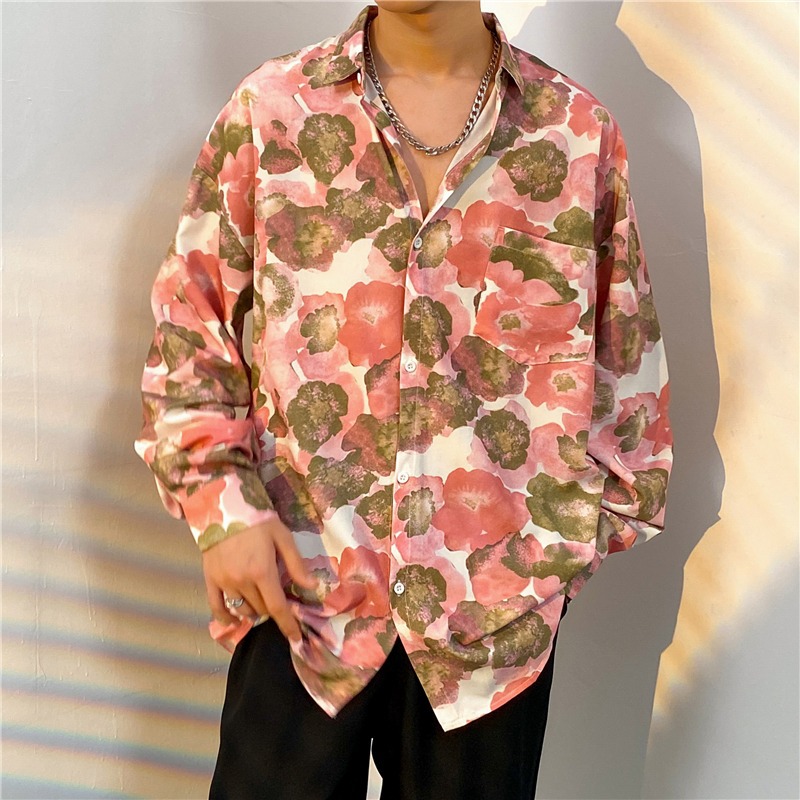 One-piece dropshipping cross-border TRING oil painting floral impression long-sleeved floral shirt Hong Kong style retro Japanese style men's and women's