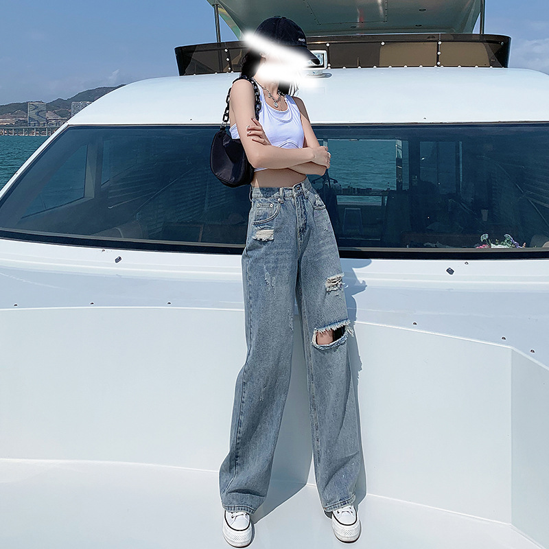 Summer Fashion Slim Fit Loose Japanese Wide-leg Jeans Women's High Waist Show Thin Hole Straight Mop Pants Women's Trend