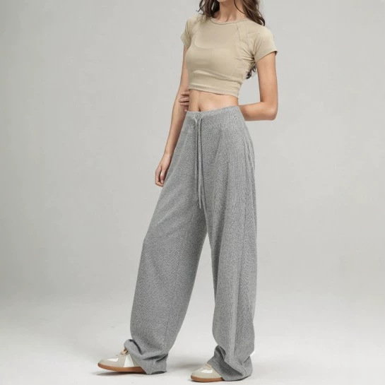 European and American Style Lazy and Relaxed Gray Loose Soft Knit Pants for Women, Autumn and Winter Comfortable Wide-Leg Casual Pants