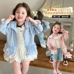 Girls Summer Sun Protection Clothes 2025 New Cartoon Bow Children's Summer Thin Tops Children's Tops Trendy