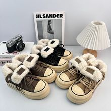 远波冬季学生韩版百搭加绒帆布鞋女2025新款加绒高帮原宿厚底代发