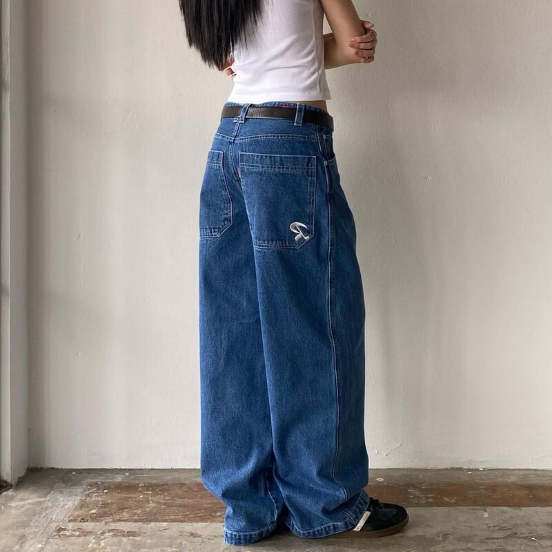 American street retro pocket embroidered hot girl all-match loose slimming wide leg high street casual Denim long pants fashion