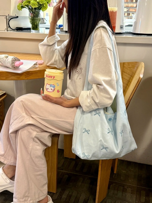 韓国 ins リボン刺繍キャンバスバッグ女性の新しい大容量ショルダートートバッグ学生クラス脇の下バッグ|undefined