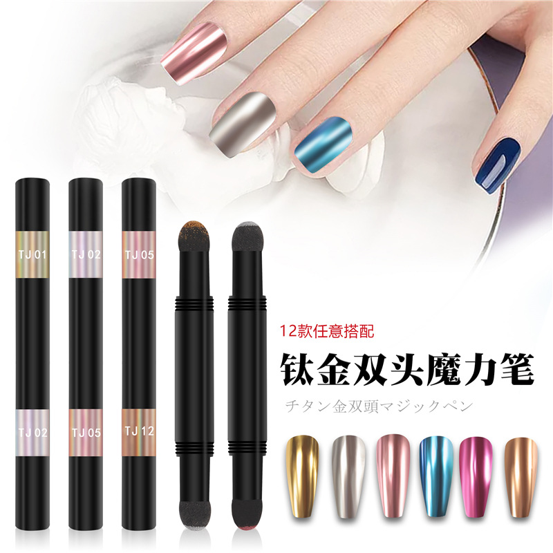 Cross-border nueva manicura de doble cabeza cojín de aire pluma mágica serie de titanio de 12 colores espejo mágico polvo cojín de aire pluma sólida tiza