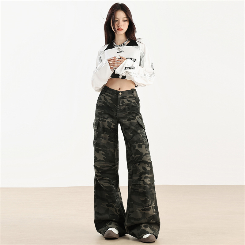 American high street wide-leg camouflage work jeans for women in autumn new high-waisted slimming loose straight-leg mopping pants