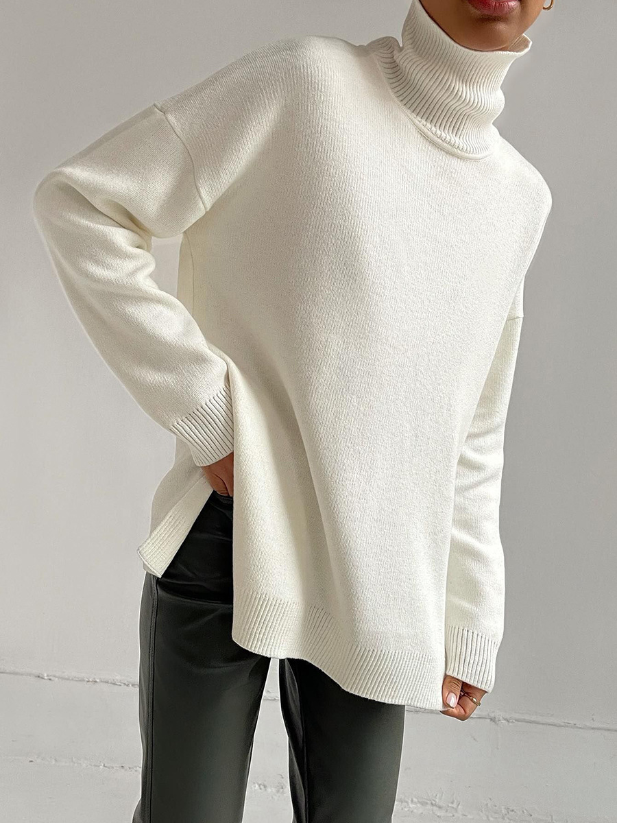 Suéter de cuello alto transfronterizo para mujeres 2025 otoño y invierno nuevo suéter casual estilo europeo y americano bifurcado suéter de punto de color sólido