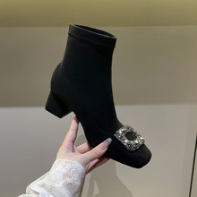 绒面瘦瘦靴粗跟中高跟短靴女秋冬单靴水钻方头网红弹力加绒袜靴女