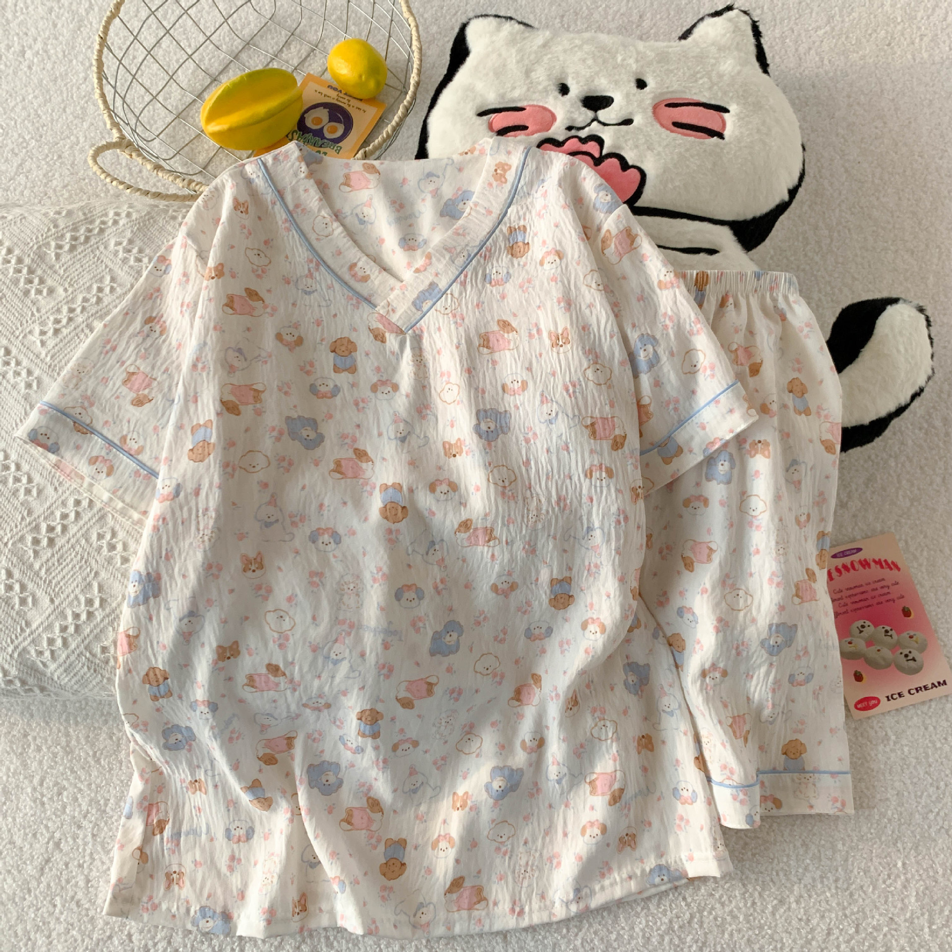 Cross-border New Style Silk Pajamas Women's Summer Short-sleeved Shorts Korean Style Sweet Princess Style Home Clothes suit Outer Wear