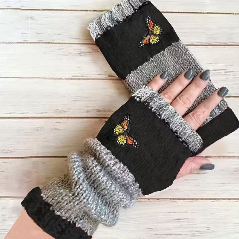 Knitted Fingerless Gloves For Women Warm Embroidered Patchwork_voghion.com