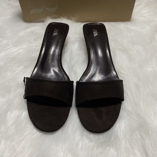 Za Home 2025 Black Brown Wood Grain Wedge Slippers Women's Summer Easiest for Match Outerwear Low Heel Round Toe French Sandals