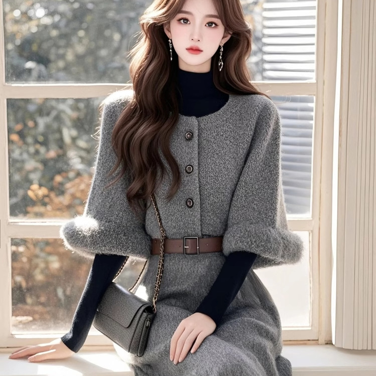 法式气质名媛高端女神范高级感出席重要场合灰色针织连衣裙2025冬