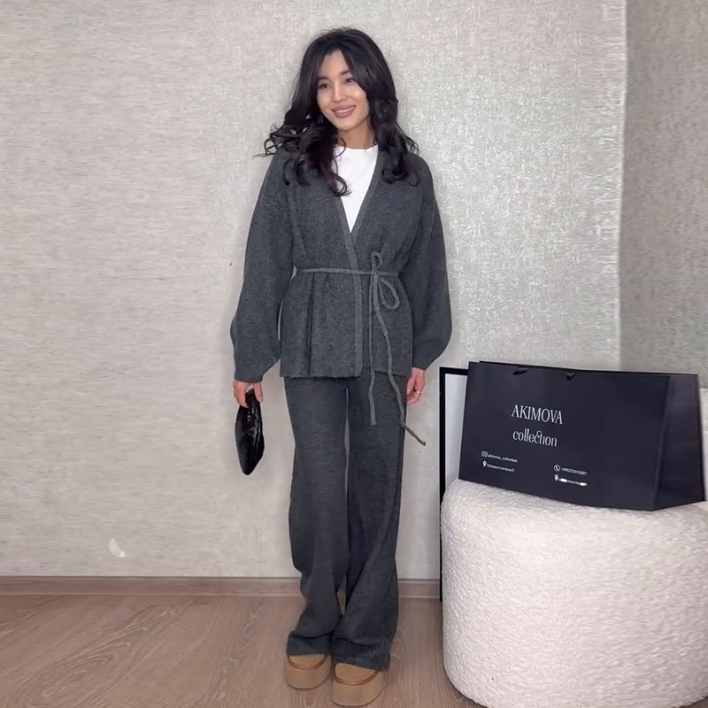 2025 nueva ropa de mujer Europa y América Amazon comercio exterior transfronterizo herringbone cardigan alto pantalón gris alto dos piezas