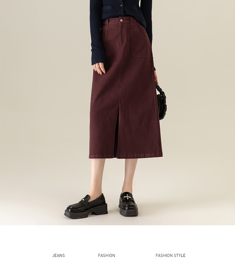 Váy denim đỏ nữ dài trung bình, cạp cao, xẻ tà, dáng thẳng — Màu đỏ Angora chi tiết 24