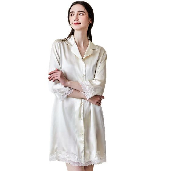 French Style Lace Romantic Spring and Summer New Style Silk Pajamas Women's Shirt dress 100 Mulberry Silk Home Clothes