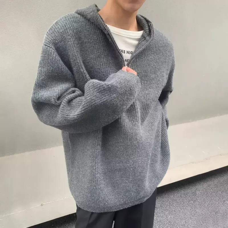 Design demi-season sweater with zipper with hood, knitted cardigan, jacket, trend of season, with a zipper, loose fit