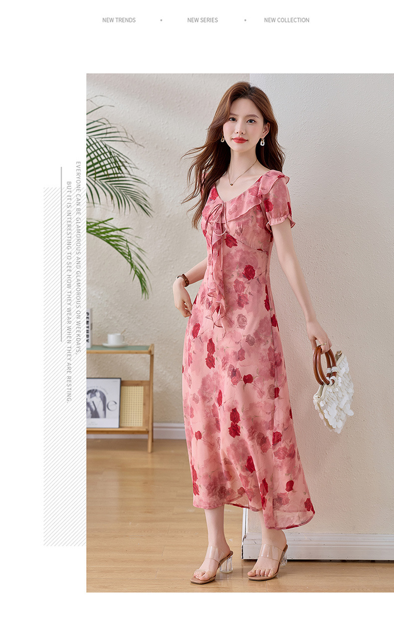 Đầm maxi nữ hoa hồng cổ V tay ngắn thắt eo — Hồng lãng mạn chi tiết 14