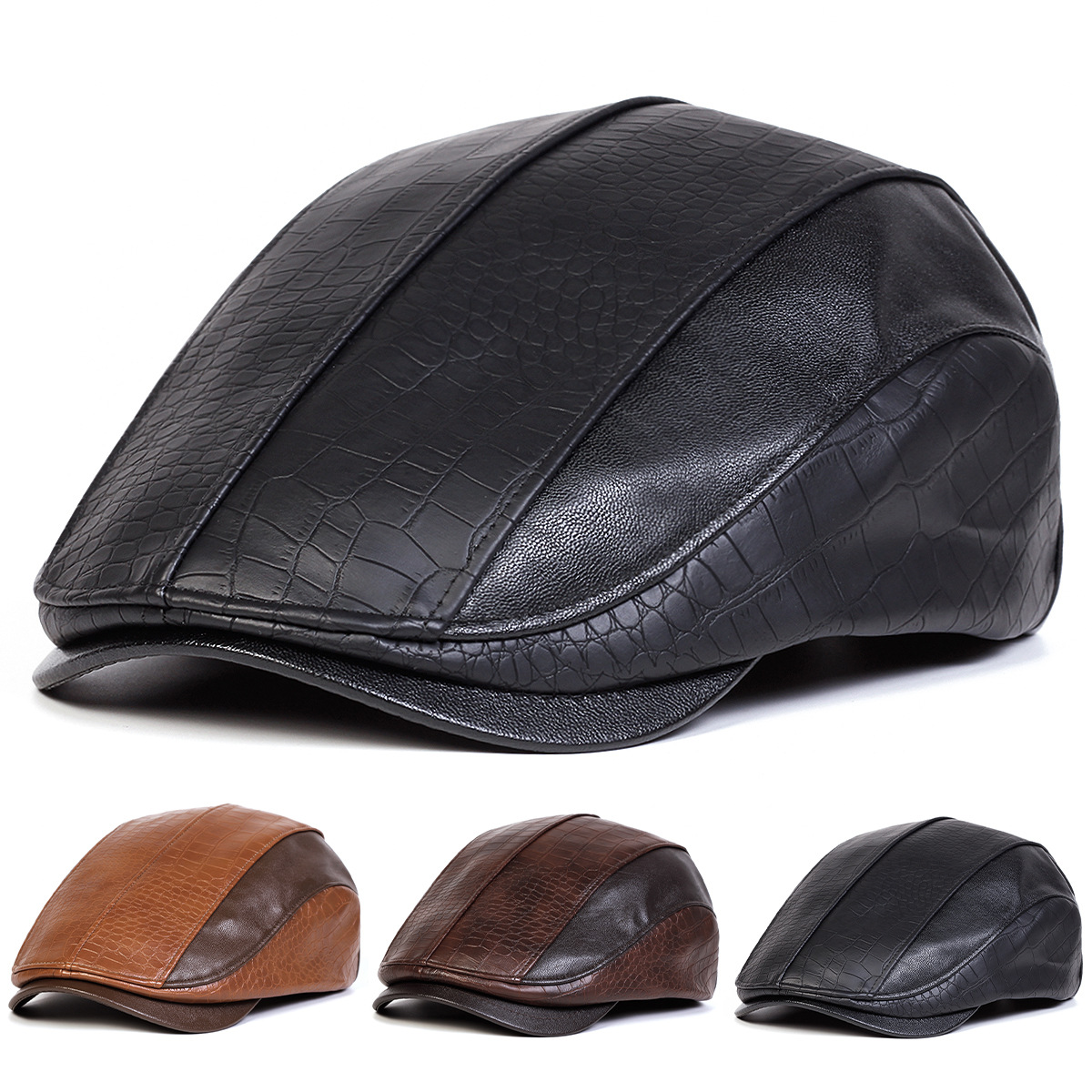 Cross-border American-style spring/autumn/winter American retro PU leather baseball cap, artistic patchwork design, suitable for middle-aged and elderly men