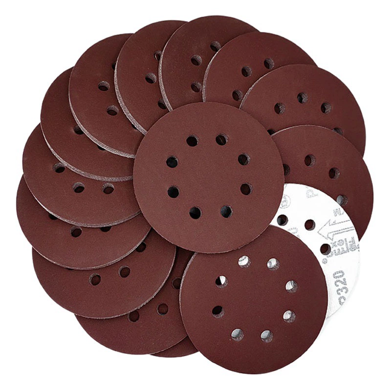 Трансграничная горячая продажа 5-дюймовая 8-отверстная красная песочная 125-миллиметровая дисковая наждачная бумага для полировки мебели и деревянных изделий, флокированная наждачная бумага