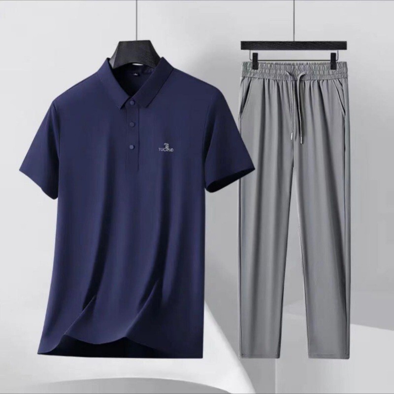 Ice Silk Seamless Suit for Middle-Aged and Elderly Business Casual Short-Sleeved Polo Shirt for Men and Dad Casual Ice Silk Pants Suit Batch Ice Silk Seamless Suit for Middle-Aged and Elderly Business Casual Short-Sleeved Polo Shirt for Men and Dad Casual Ice Silk Pants Suit Batch