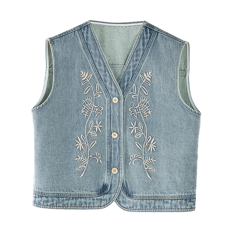 Áo vest denim thêu hoa nữ không tay, phong cách rộng thoải mái — xanh lam